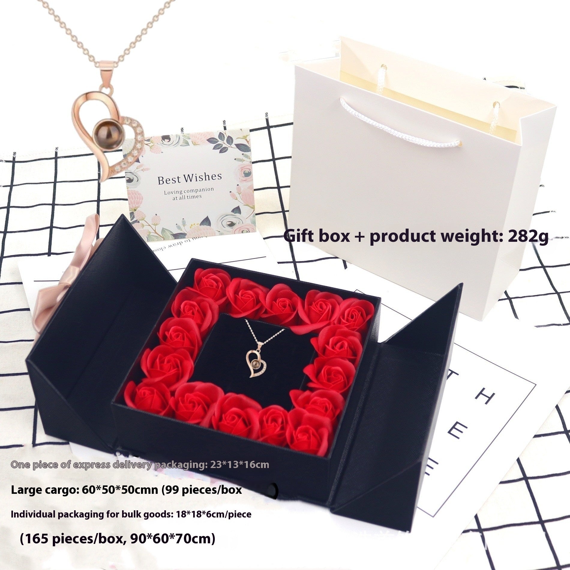 Open rose gift box revealing the projection necklace inside