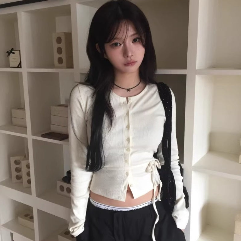 Slim Cream Strap-Detail Cardigan Tee