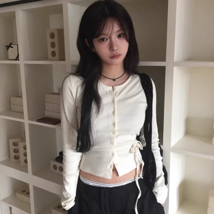 Slim Cream Strap-Detail Cardigan Tee