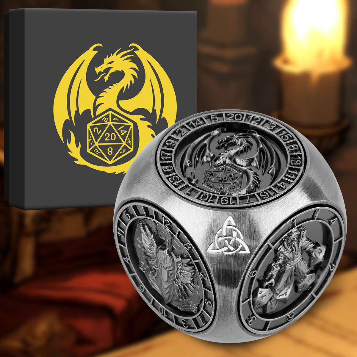 Metal Polyhedral D&D Dice Set – 6-Piece Wheel Display Box
