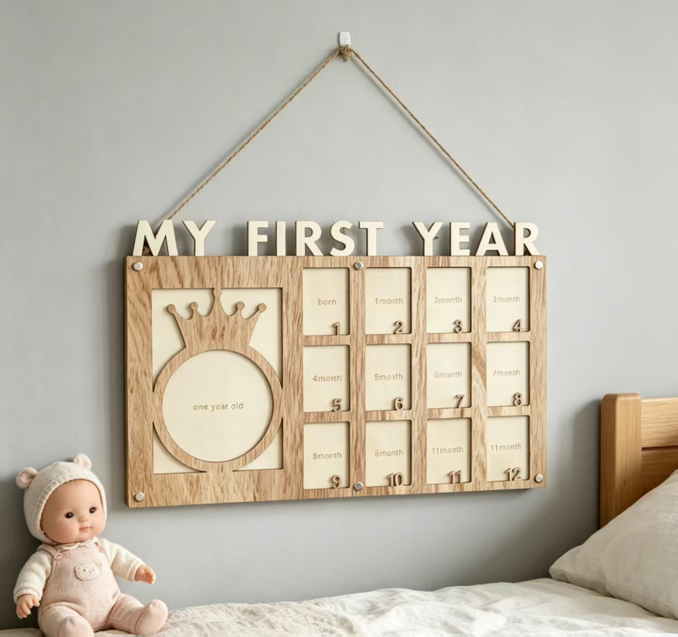 Wooden Baby First-Year Photo Frame – 12-Month Milestone Keepsake Display