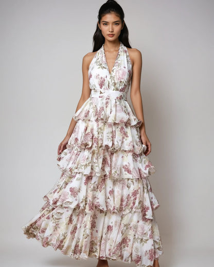 V-Neck Strap Multi-Layer Printed Dress