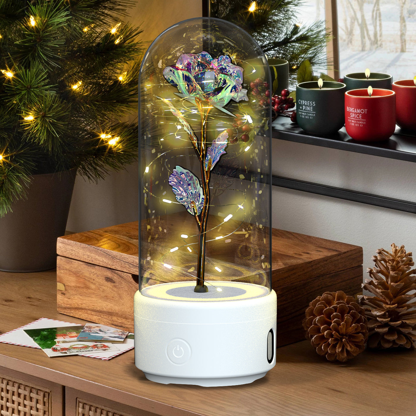 LED Rose Speaker – Bluetooth Music Light in Glass Dome