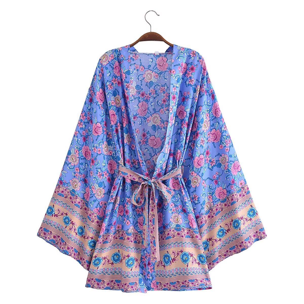 Resort-Style Printed Lace-Up Kimono Jacket