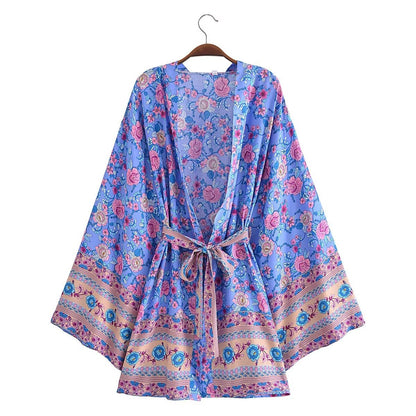 Resort-Style Printed Lace-Up Kimono Jacket