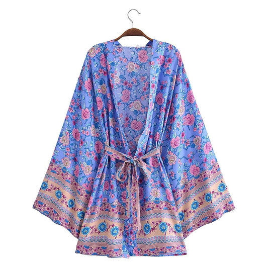 Resort-Style Printed Lace-Up Kimono Jacket