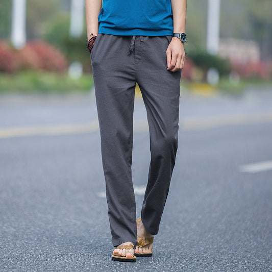 Mens Linen Casual Solid-Color Straight-Leg Pants