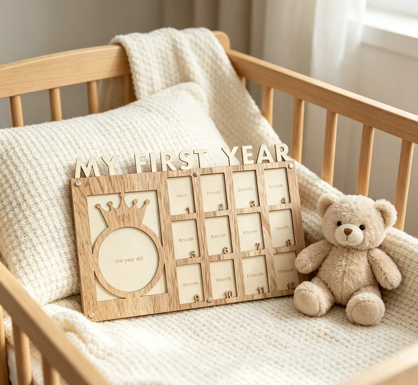Wooden Baby First-Year Photo Frame – 12-Month Milestone Keepsake Display
