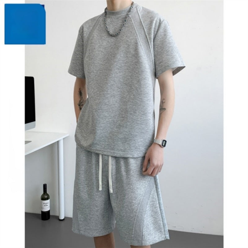 Mens Casual Summer Solid-Color Short-Sleeve T-Shirt And Shorts Set