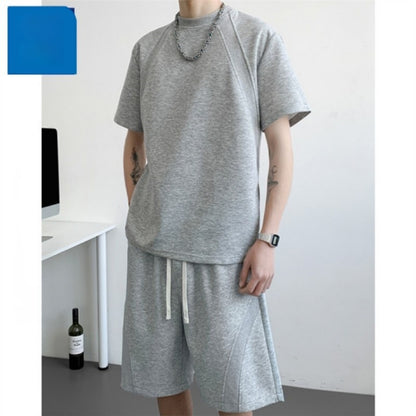 Mens Casual Summer Solid-Color Short-Sleeve T-Shirt And Shorts Set