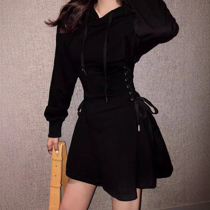 Belted Long-Sleeve Hooded Sweatshirt Dress