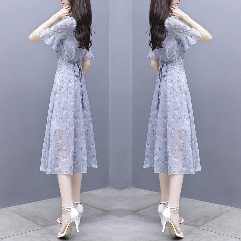 Waist-Cinching Floral Ice-Silk Dress