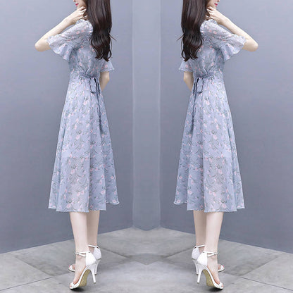 Waist-Cinching Floral Ice-Silk Dress
