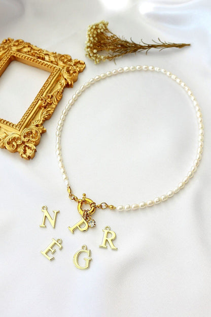 24 Karats Custom Initial Freshwater Pearls Front Opening Choker