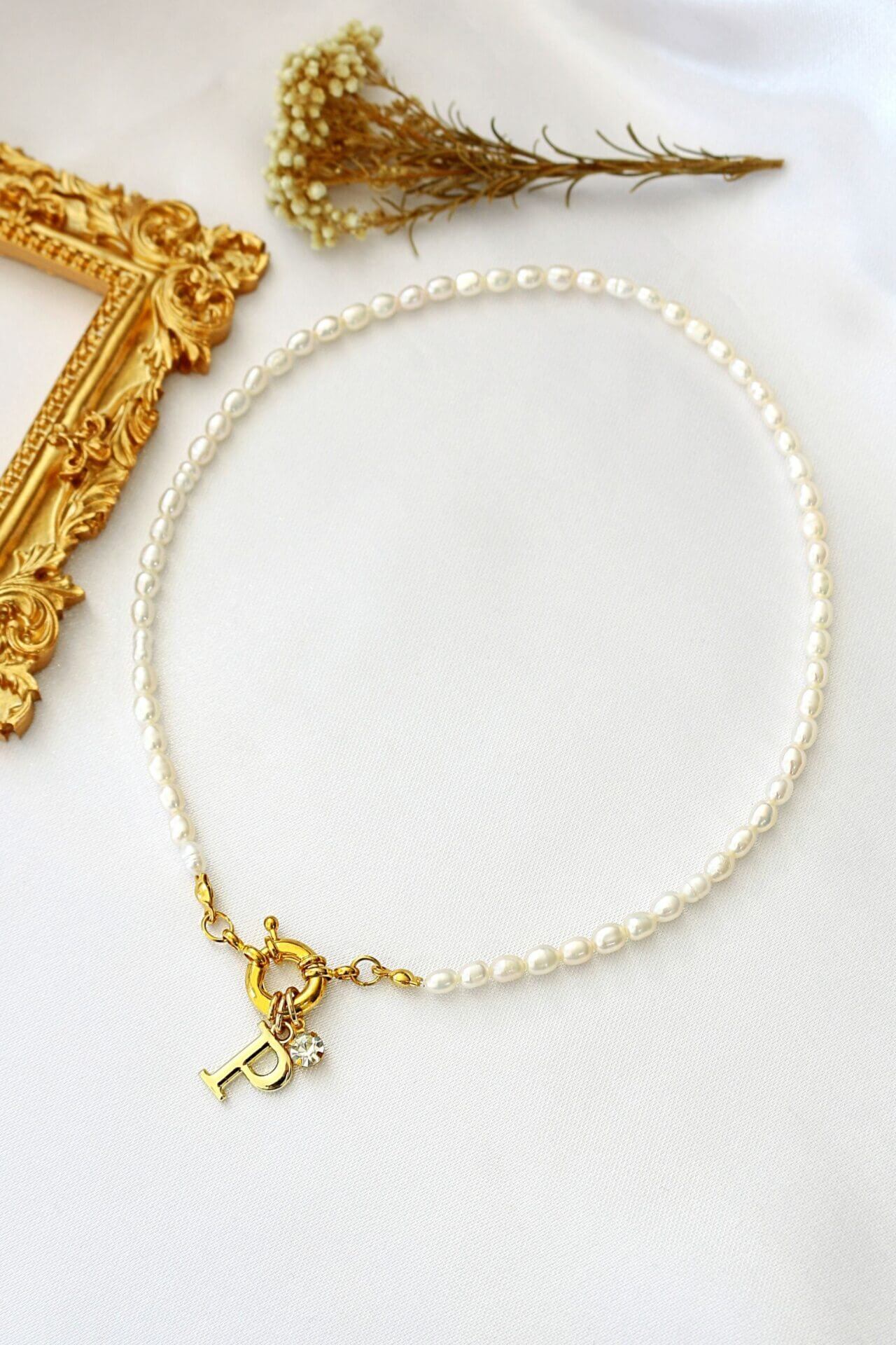 24 Karats Custom Initial Freshwater Pearls Front Opening Choker