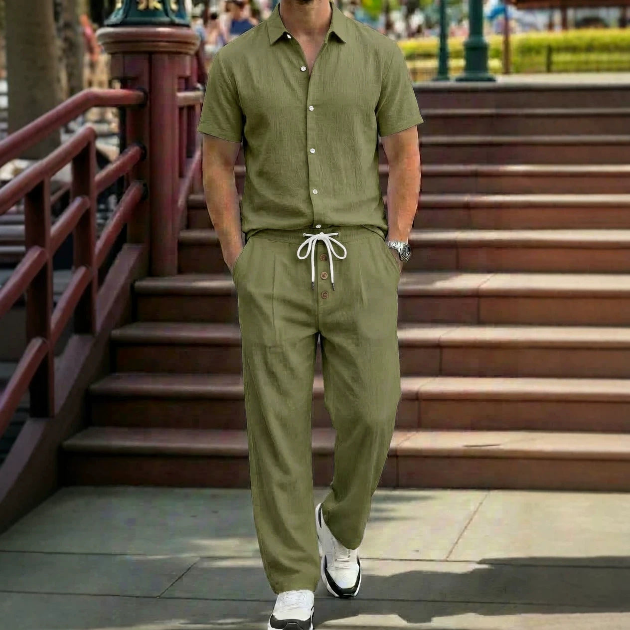 New Mens Breathable Linen Shirt And Trousers Set With A Lapel Collar