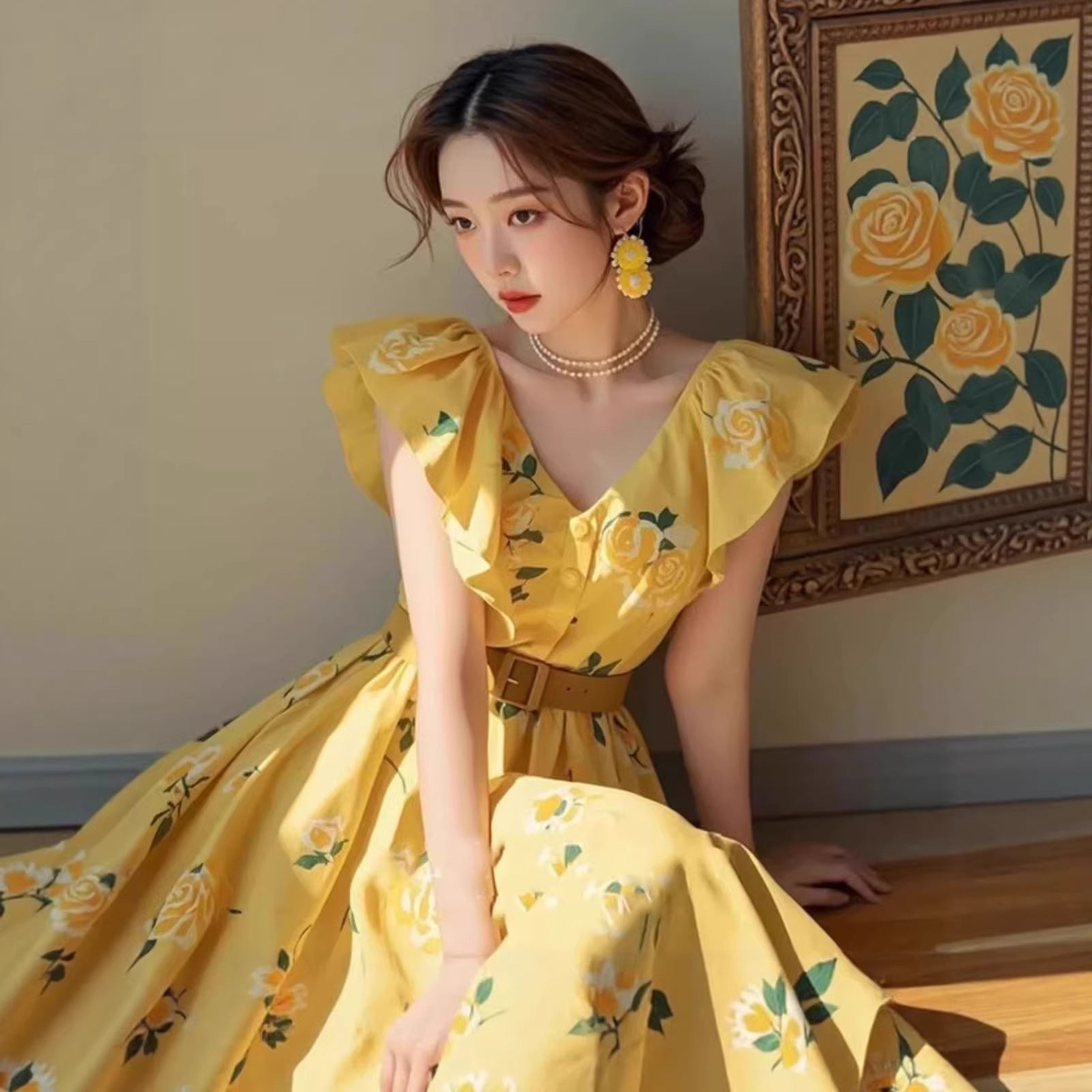 Yellow Rose-Print Petite-Sleeve Dress