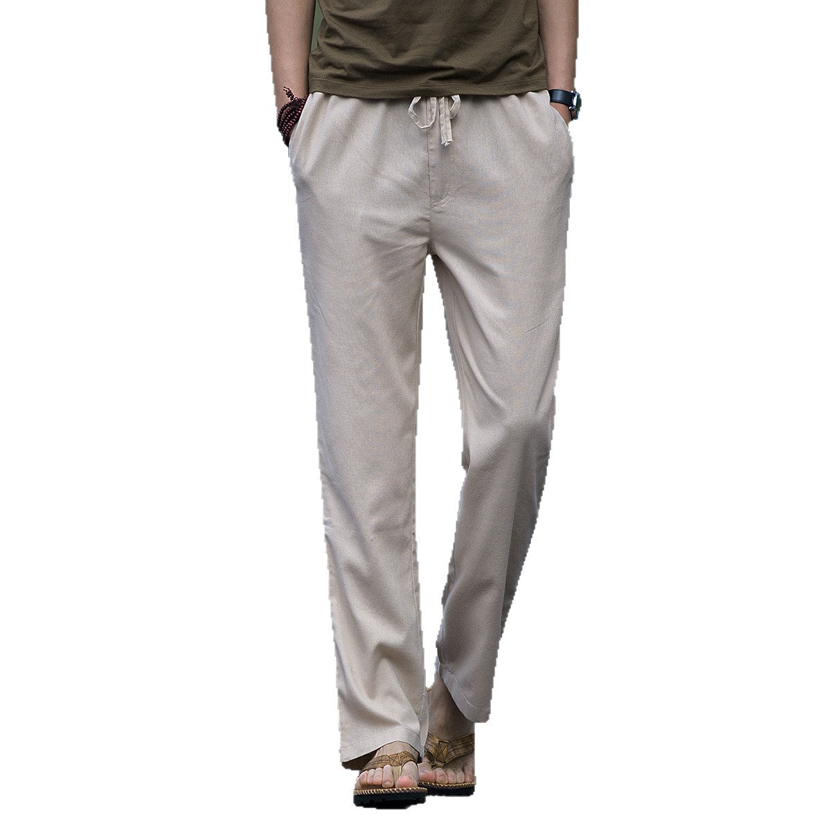 Mens Linen Casual Solid-Color Straight-Leg Pants
