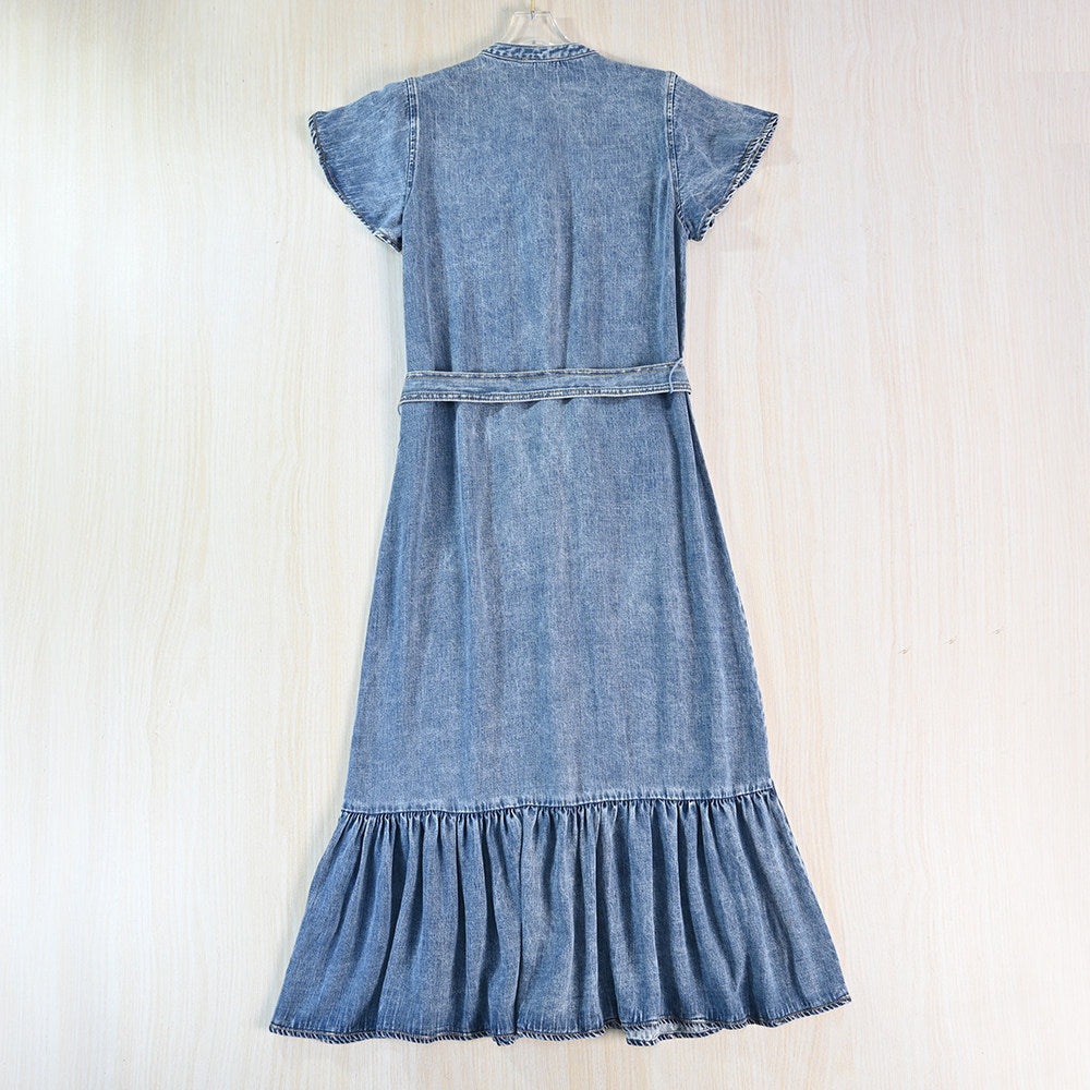 Washed Denim Dress with Stand Collar