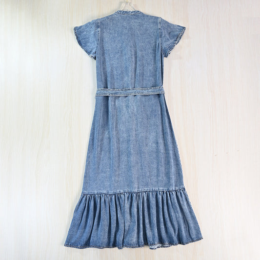 Washed Denim Dress with Stand Collar