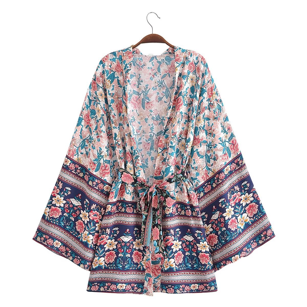 Resort-Style Printed Lace-Up Kimono Jacket