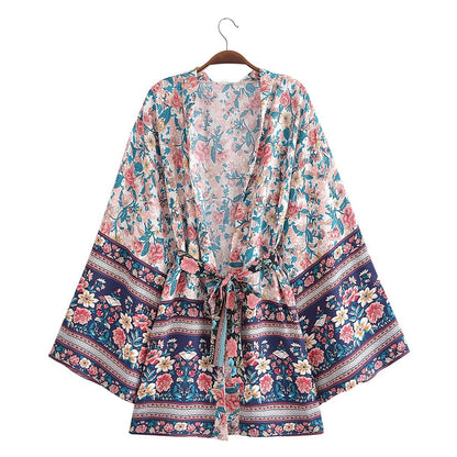 Resort-Style Printed Lace-Up Kimono Jacket