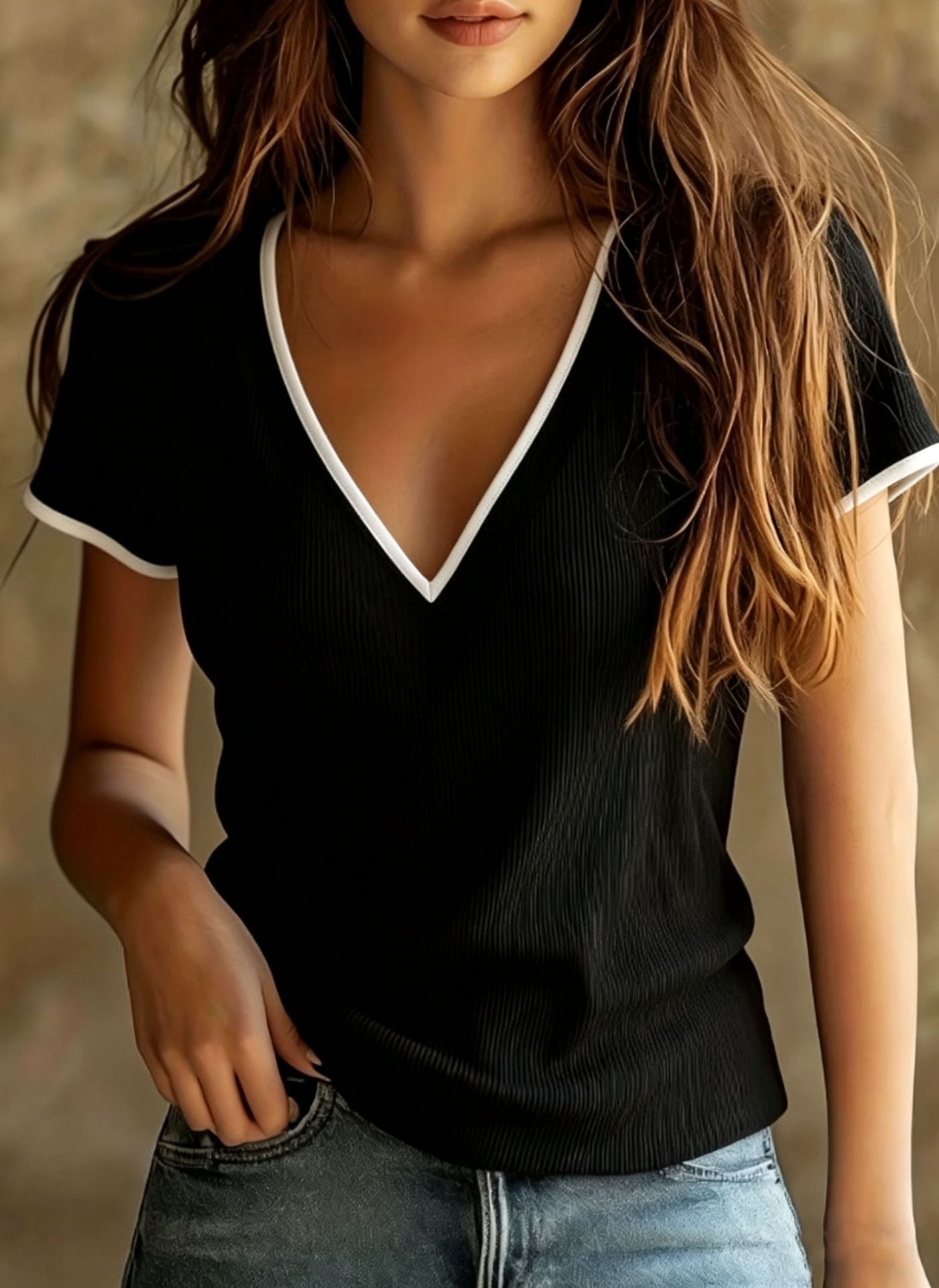 Color-Block V-Neck Short-Sleeve Top