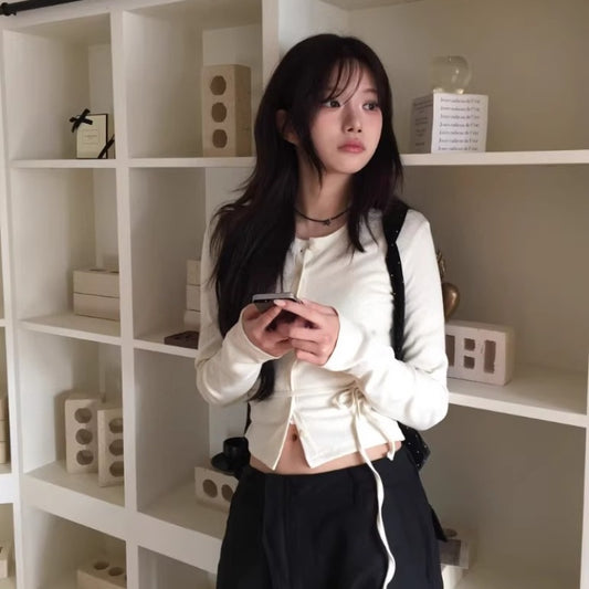 Slim Cream Strap-Detail Cardigan Tee