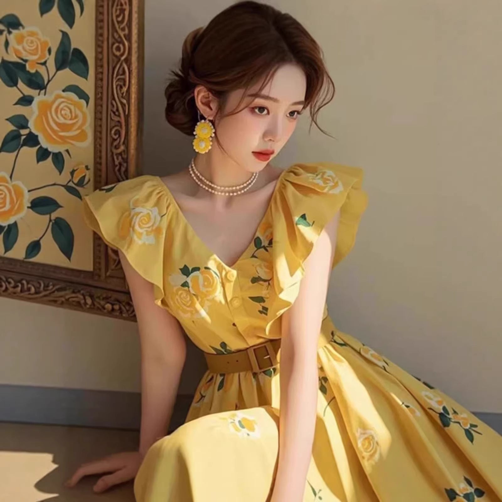 Yellow Rose-Print Petite-Sleeve Dress