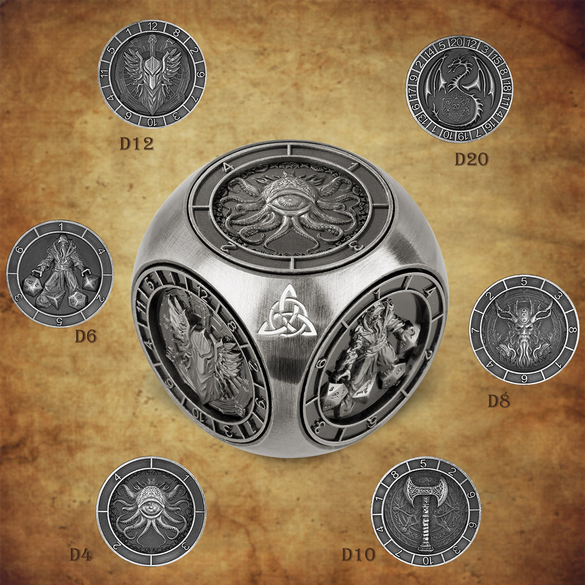 Metal Polyhedral D&D Dice Set – 6-Piece Wheel Display Box