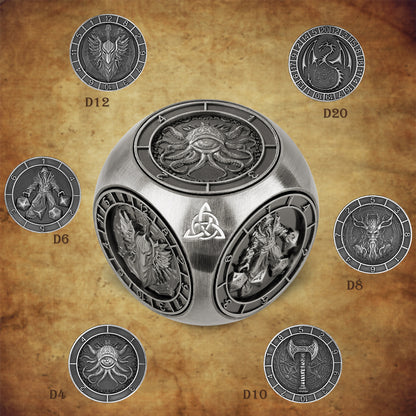 Metal Polyhedral D&D Dice Set – 6-Piece Wheel Display Box