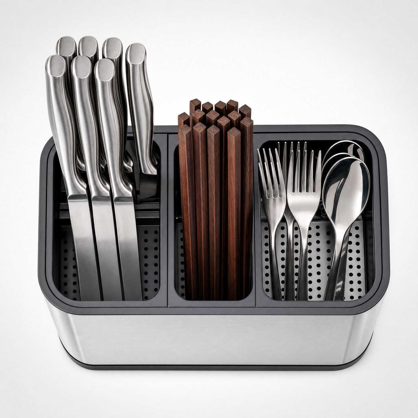 Cutlery rack close-up showing compartments and drainage holes
