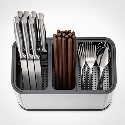 Cutlery rack close-up showing compartments and drainage holes