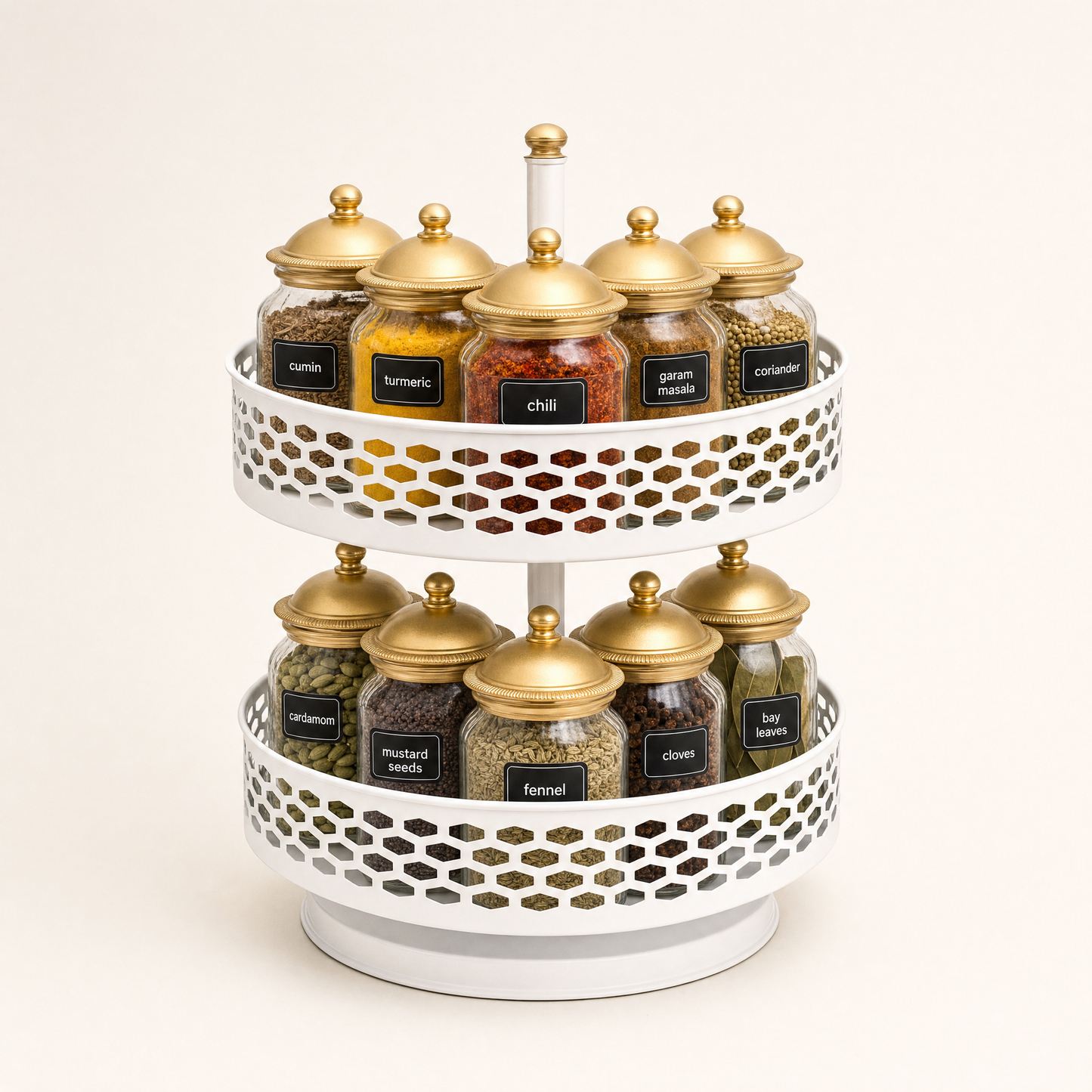 White carbon-steel rotating spice rack with Indian spice jars on clean studio background