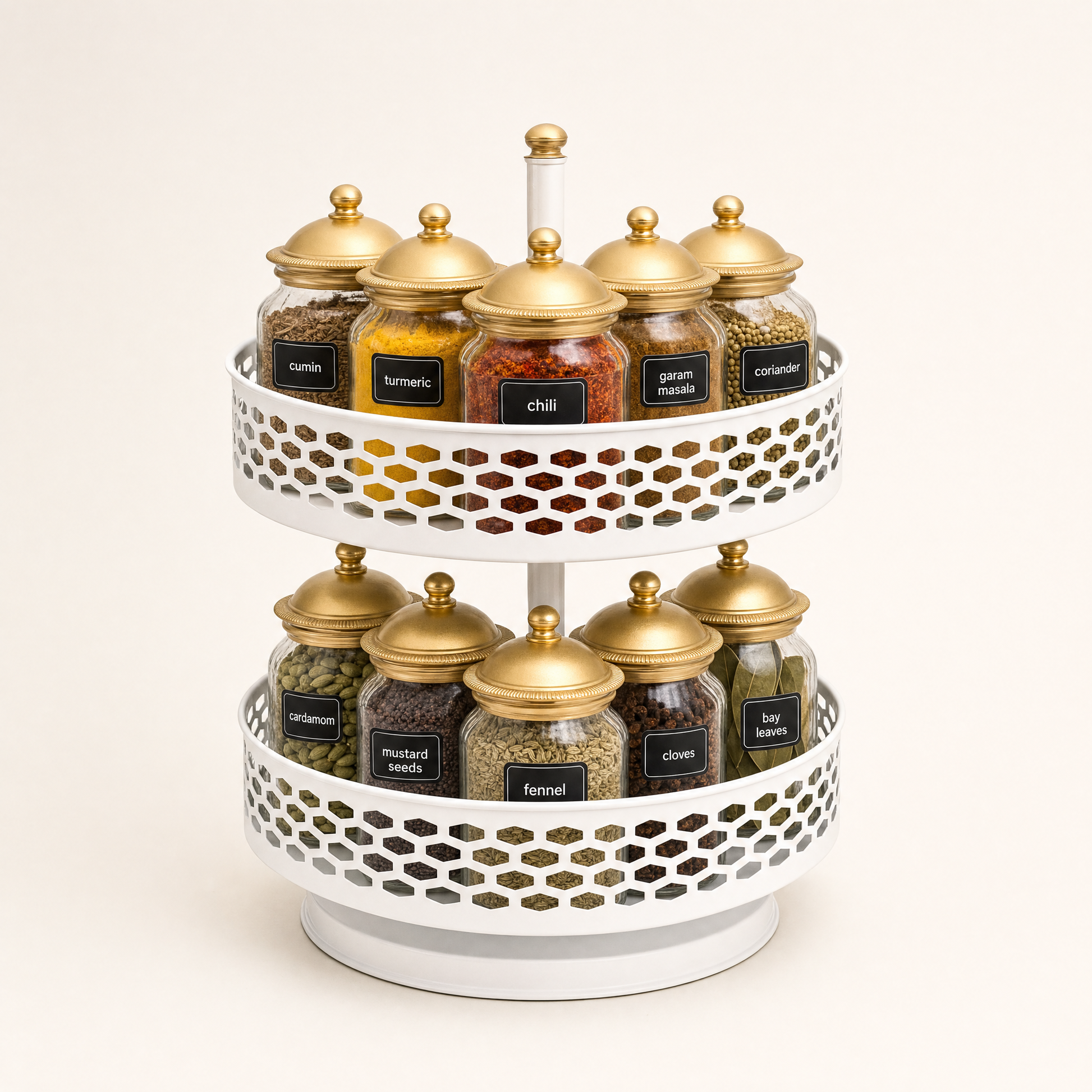 White carbon-steel rotating spice rack with Indian spice jars on clean studio background