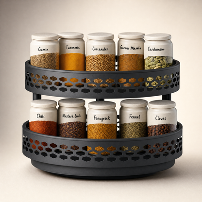 Black carbon-steel rotating spice rack with Indian spice jars on clean studio background