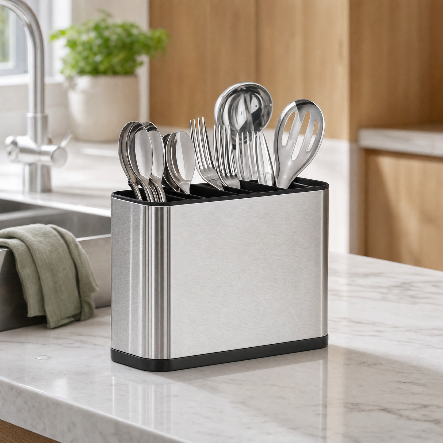 Cutlery rack in use on Indian kitchen counter with knives, spoons and ladles