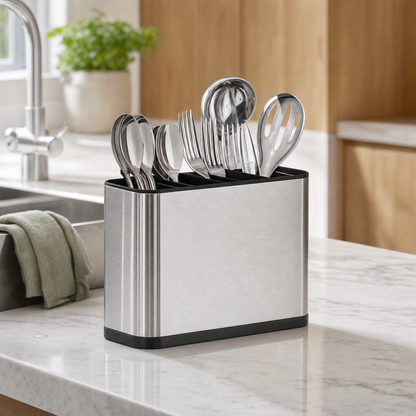 Cutlery rack in use on Indian kitchen counter with knives, spoons and ladles